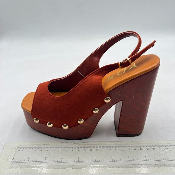 YDN Brown Rivet Studded Platform Chunky High Heeled Sandal Slingback Buckle Shoe - Picture 2 of 8